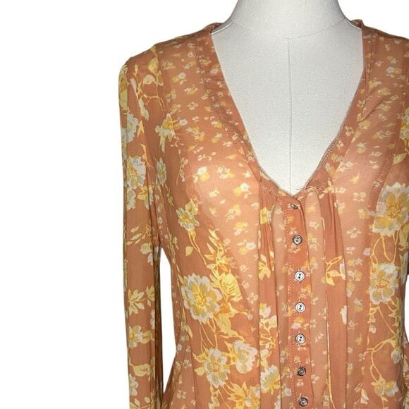 Free People Orange Long Sleeve Sheer Button Up Top Size XS Floral V-neck - Picture 2 of 12